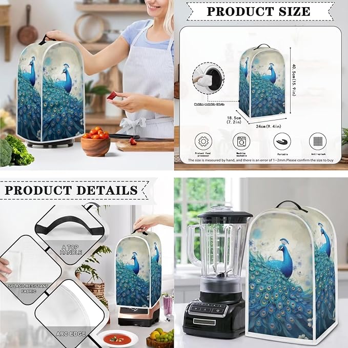 Blue Peacock Print Appliance Covers Set Washable Kitchen Blender Dust Cover Bread Maker Toaster Cover 4 Slice Kitchen Accessories