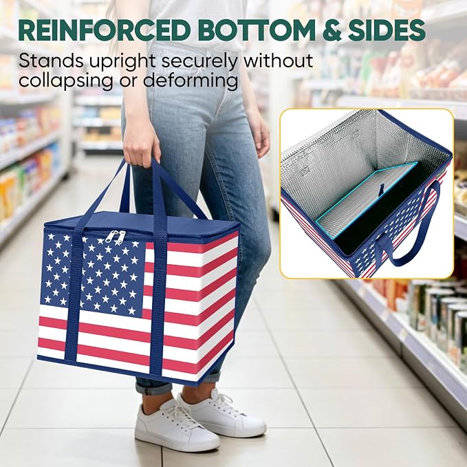 BALEINE 1Pk Insulated Reusable Grocery Bags, Foldable Shopping Bags for Groceries with Reinforced Bottom & Handles (Patriot Celebration)