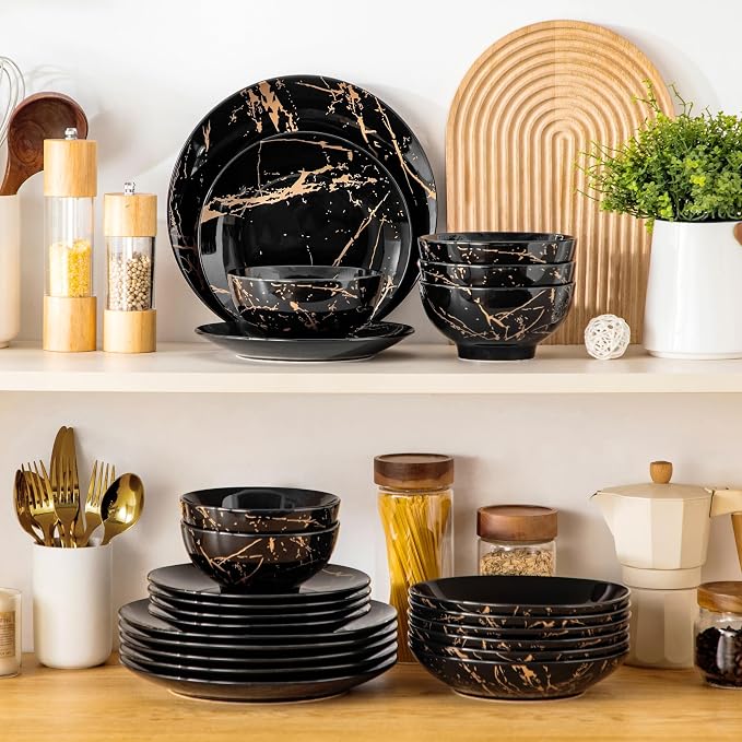LOVECASA Plates and Bowls Sets for 6, 24 Pieces Porcelain Dinnerware Sets, Black and Gold Dish Set Gold Splash Dishware Sets, Dishwasher Microwave Safe