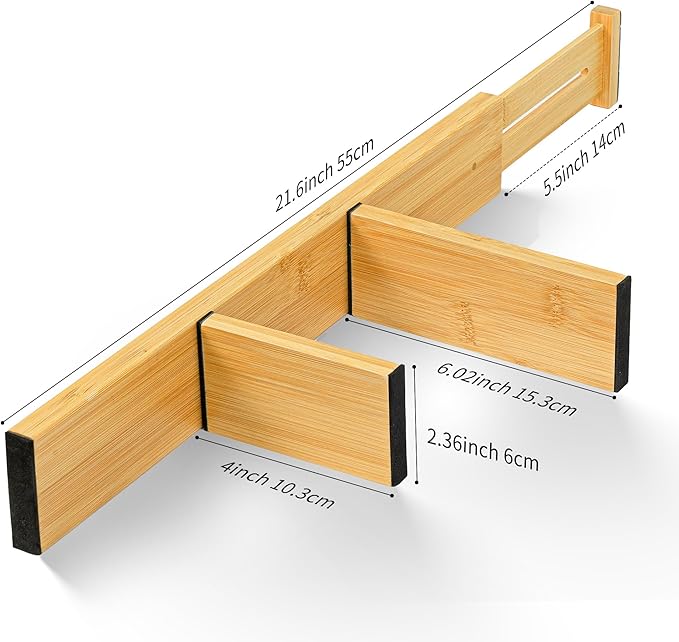 EcoFives Adjustable Bamboo Drawer Dividers with Inserts, Expandable Spring-Loaded Drawer Organizer for Kitchen, Clothes, Tools, Silverware, Bamboo Organizer Separators - 6 Large Pieces