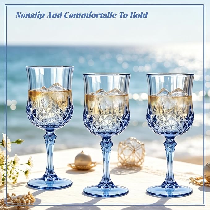 30 Pack Plastic Wine Glasses,10oz Unbreakable Vintage Style Goblets,Reusable Crystal Like Drinking Glass for Wedding Reception, Party Supplies (Blue)