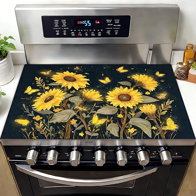 Decorative Sunflower Stove Cover Mat for Electric and Glass Stovetops, Heat-Resistant Countertop Protector with Floral and Butterfly Waterproof Anti-Slip Kitchen Surface(28×20 Inches) (Sunflower)