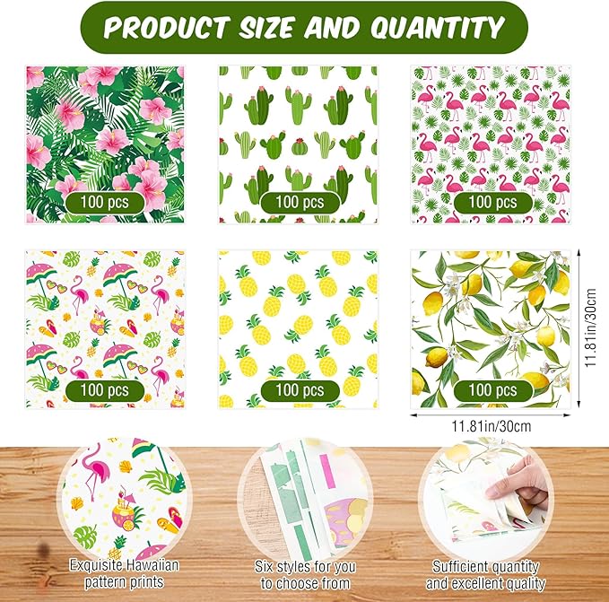 Reallnaive 600 Pcs Wax Paper Sheets 12 x 12 Inch Parchment Deli Tissue Paper Sandwich Wrapping Sheets Food Basket Liners for Kitchen Restaurant Baking Supplies, 6 Styles (Summer Theme)