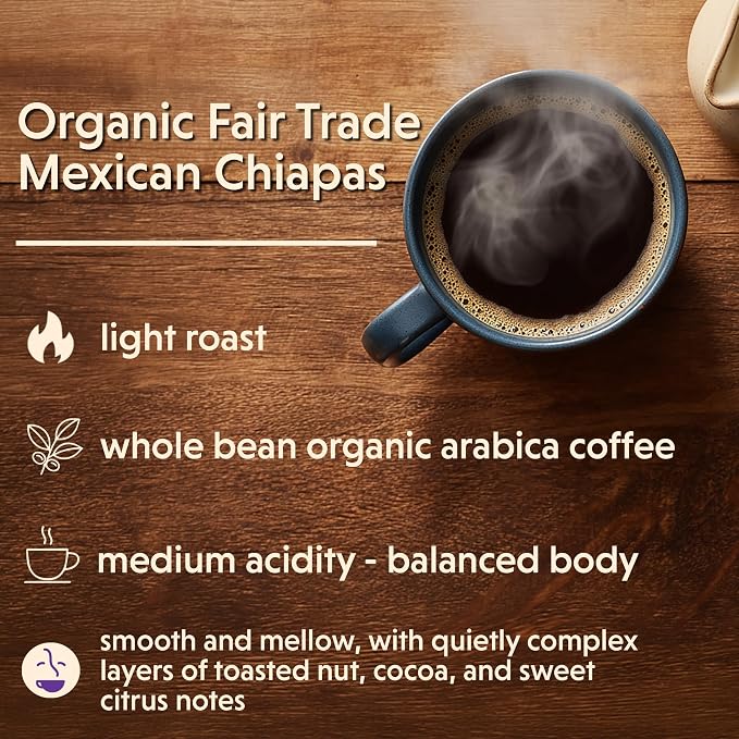 Coffee Bean Direct Organic Fair Trade Mexican Chiapas, Whole Bean Coffee, Arabica Coffee, Light Roast, 1 Pound Bag (Pack of 1)