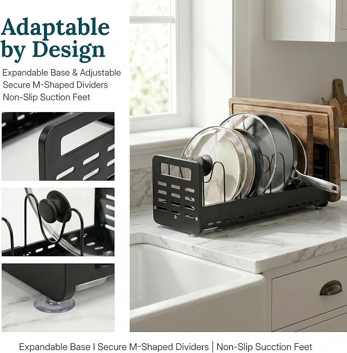 Pots and Pans Organizer Under Cabinet, Expandable 15.4"-24.8" Adjustable Pot and Pan Rack, Heavy Duty Pot Lid Organizer with Removable Drip Tray for Kitchen Cabinets, Countertops