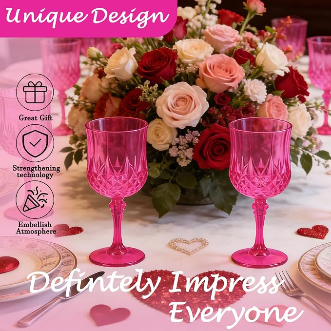 Plastic Wine Glasses, Plastic Goblets Vintage Style Cordial Unbreakable Drinking Glasses, Reusable Drinkware for Wedding Reception, Grand Event Party Supplies (48, Hot Pink)