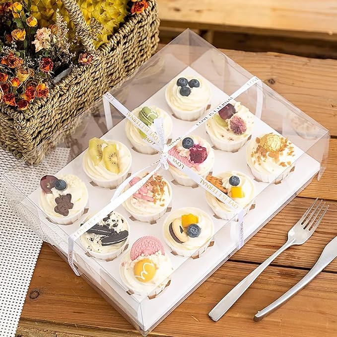 Cedilis 12 Pack Clear Cupcake Boxes, 12 Count Cupcake Containers with Gift Ribbon, Plastic Cupcake Carrier Holder for Cookies, Muffins, Bakeries