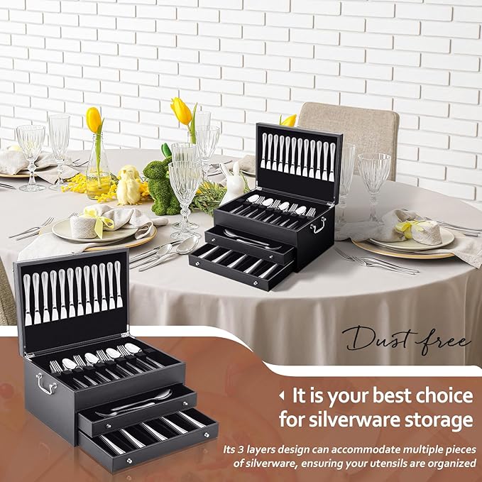 DoubleFill 3 Layer Leather Silverware Storage Box with Lid and Handles, Anti Tarnish Silverware Storage Chest Case with Felt-lined for 12-16 or More Sets of Utensils Flatware Gifts, 15.3x11.2x9 Inch