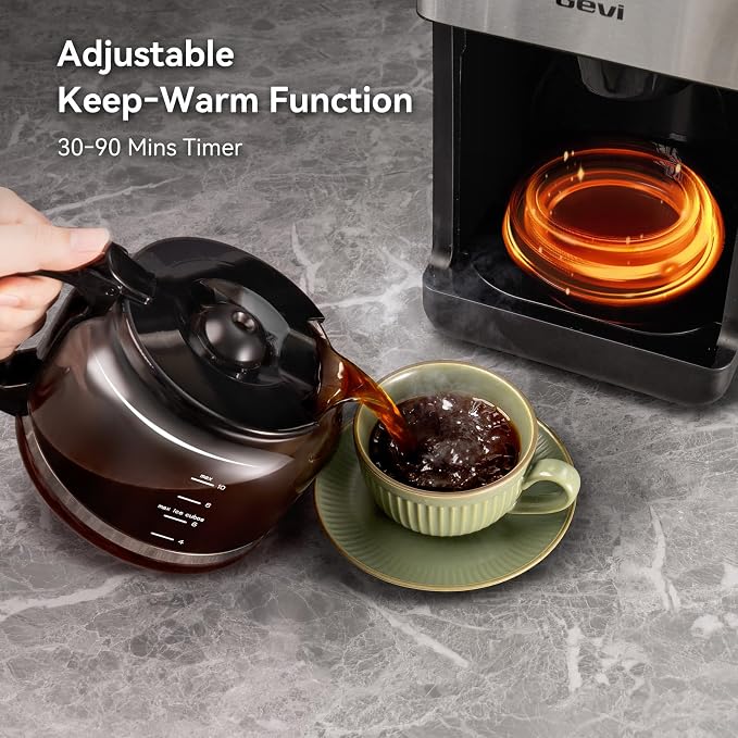 Gevi 10 Cup Drip Coffee Maker with Built‑in Grinder, Grind & Brew Machine, Large Touch Screen, Programmable Scheduled Brewing, 90‑Min Keep‑Warm Plate, Permanent Filter, 1.5L Tank