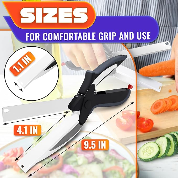 2 in 1 Kitchen Scissors for Food – Stainless Steel 9.5" Tomato Knife Chops Vegetables, Fruit, Cheese, Meat in Seconds | Dishwasher Safe Cutting Board Scissors with Safety Lock – Mess-Free Prep