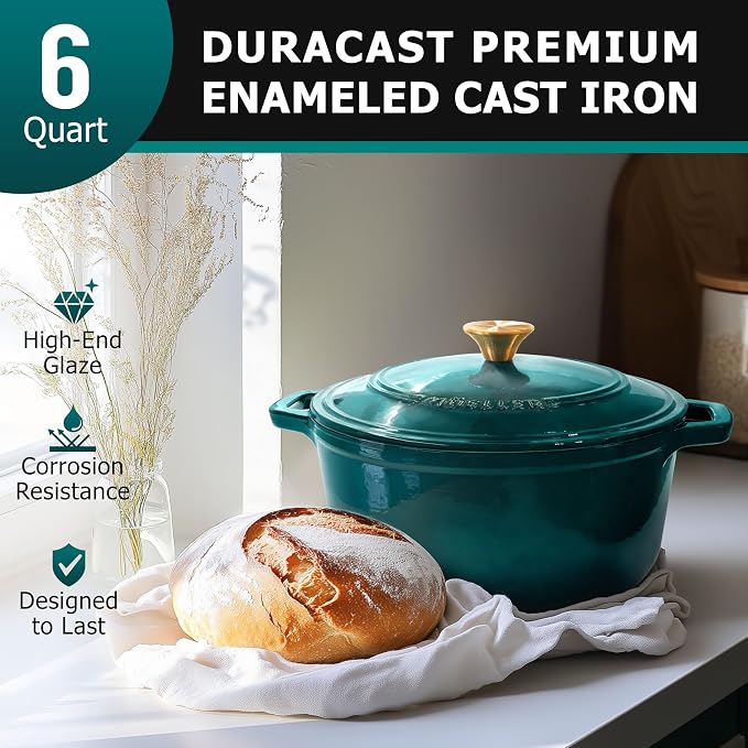 Mueller DuraCast 6 Quart Enameled Cast Iron Dutch Oven Pot with Lid, Sourdough Bread Baking, PFOA-Free, 500°F Oven Safe - All Cooktops incl. Induction, Braising & Slow Cooking, Emerald
