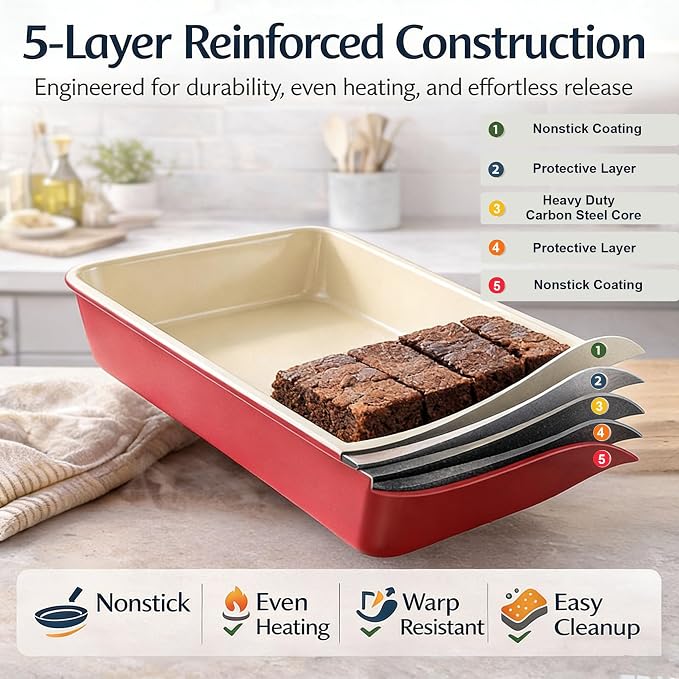 9x13 Inch Baking Pan, 2 Pack – Heavy Duty Carbon Steel Non-Stick Lasagna Pan, Deep Rectangular Cake Pan for Casseroles, Brownies & Roasting, Warp-Resistant, Oven Safe to 450°F, PFOA Free