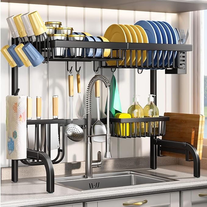 SAYZH Over The Sink Dish Drying Rack, Adjustable (25.5 to 33.5 inch) 2 Tier Metal Steel Dish Drying Racks for Kitchen Counter with Hooks Paper Towel Utensil Cup Holder Sink Caddy (Black)