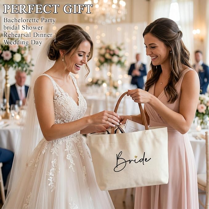 Bride Tote Bag, Embroidered Canvas Wedding Essential Tote, Bridal Shower Engagement Bachelorette Beach Bag