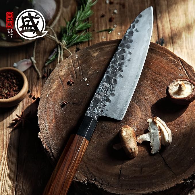 MITSUMOTO SAKARI 4-Piece Japanese Chef Knife Set, San-Mai 9Cr18MoV | Gyuto Santoku Nakiri Paring, Deep-Cryo Heat Treatment, Tsuchime Food Release, Rosewood Handles, Sandalwood Box