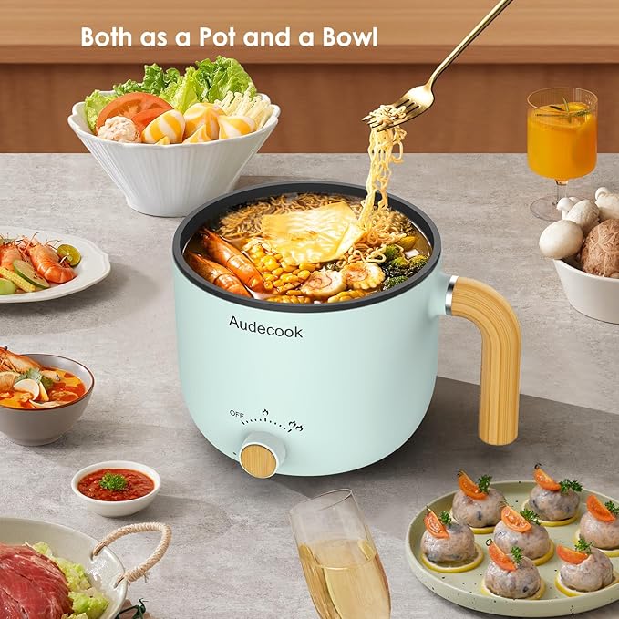 Audecook Hot Pot Electric with Steamer, 1.5L Portable Nonstick Rapid Noodles Cooker, Travel Electric Skillet with Dual Power Control for Ramen/Pasta/Soup/Steak/Egg/Oatmeal (Green)