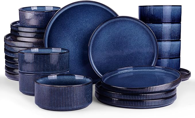 Famiware Star 24-Piece Plates and Bowls Set with Trim, Service for 8 - Stoneware Reactive Glaze Dinnerware, High Edge Ribbed Dishes, Chip & Scratch Resistant, Microwave & Dishwasher Safe, Nebulas Blue