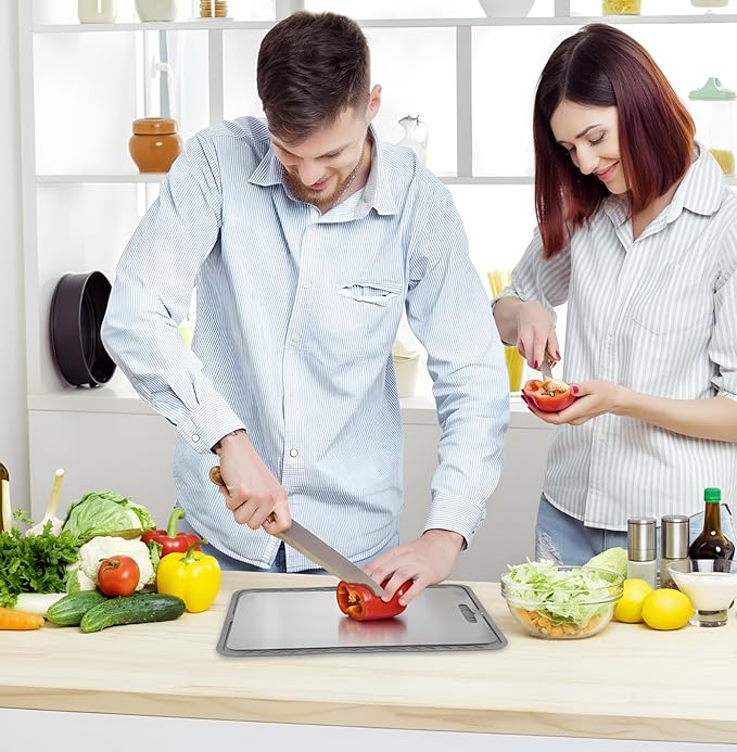 4 Pcs Titanium Cutting Board for Kitchen 16 x 12 Inch Silicone Dish Drying Mat 14 x 10 Inch Double Sided Metal Cutting Board 2 Dishcloth Separates Meat Vegetables Fruits for Counter Sink