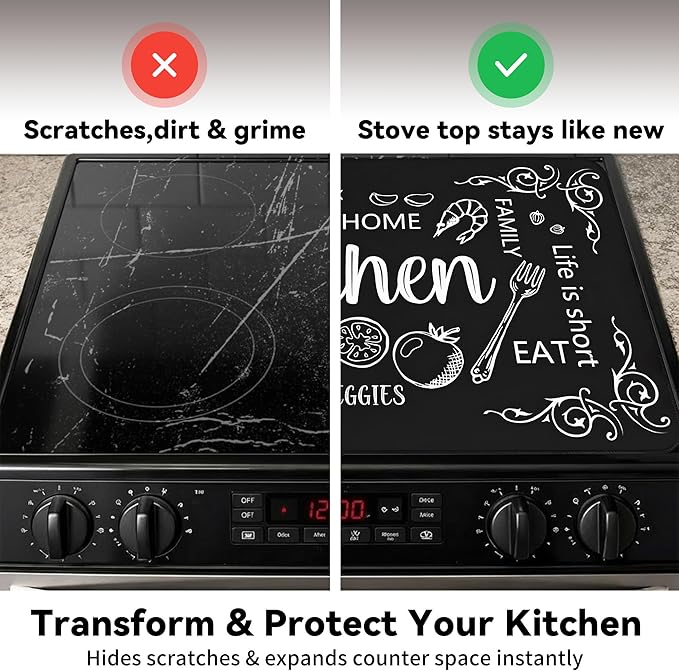 Decorative Stove Top Covers for Electric Stove 28"x20" – Heat Resistant Glass Cooktop Protector Dish Drying Mat – Non-Slip Rubber Backing Washer Top Cover Waterproof Extra Counter Space (Kitchen 3)