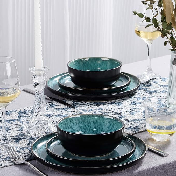 LIANYU Ceramic Dinnerware Sets for 4, 12 Piece Porcelain Stoneware Plates and Bowls, Scratch Resistant Round Kitchen Dishes Set, Dishwasher and Microwave Safe Dinning Ware Set, Pastel Turquoise