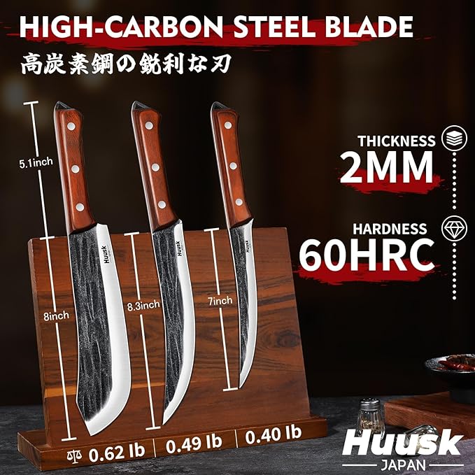 Huusk Butcher Knife Set for Meat Cutting, 3PCS Carving BBQ Brisket Knives, Hand-forged Kitchen Knive Set with Ergonomic Handle, Gifts for Men Women