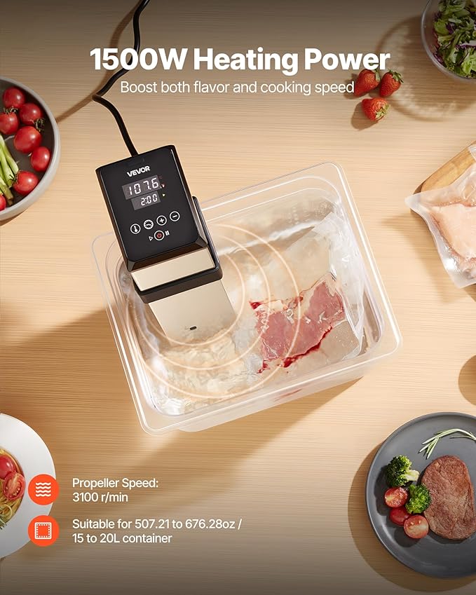 VEVOR Sous Vide Precision Cooker, 1500W Sous-Vide Cooking Machine, Immersion Circulator with LED Digital Display, Adjustable Screw Clamp, Fast-Heating, Accurate Temperature & Timer Control, Sous-Vide