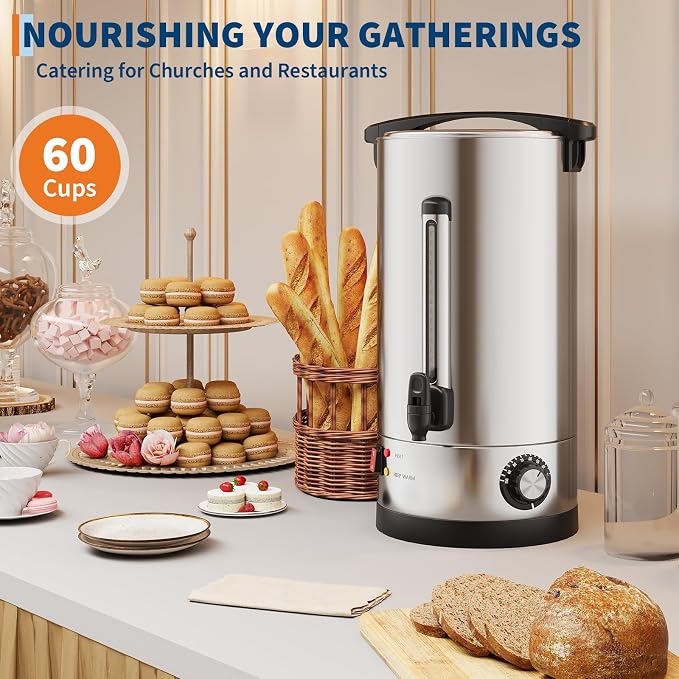 60 Cups Coffee Urn - 10 L/2.6 Gal Commercial Coffee Maker, Double Wall Stainless Steel Coffee Dispenser Hot Water Urn, Large Capacity Hot Coffee Dispenser for Meeting Wedding Catering