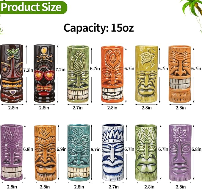 SuproBarware Tiki Mugs Set of 12 - Large Cocktail Tiki Glasses Hawaiian Party Cute Exotic Cocktail Glasses Hawaiian Ceramic Mug