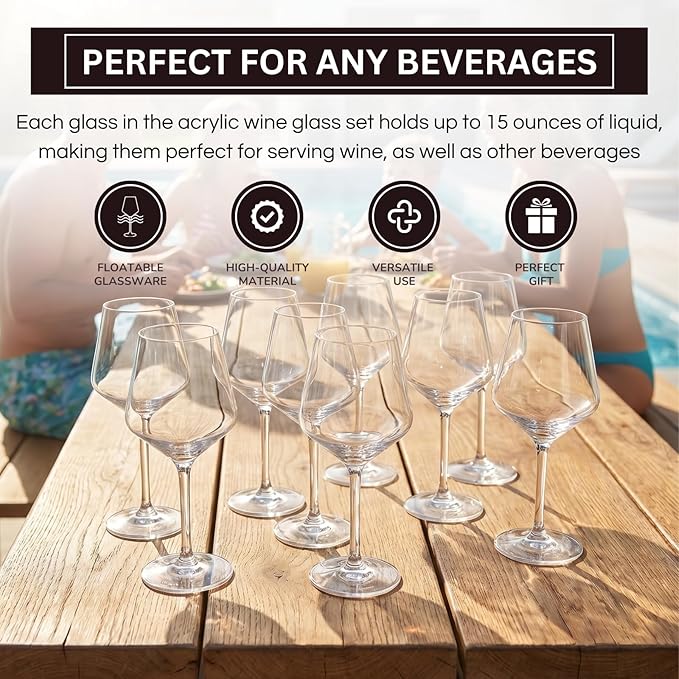 Unbreakable European Style Plastic Crystal, Stemmed Wine Glasses | Set of 8 | Acrylic Tritan Drinkware, Unbreakable Clear Color Shatterproof BPA-free, Reusable, Floating Pool & Indoor & Outdoor, 18oz