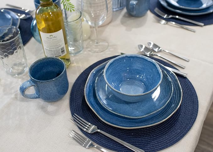 Elanze Designs Reactive Glaze Farmhouse Rustic Boho Ceramic Stoneware Dinnerware 16 Piece Plate Bowl Mug Dish Set - Service for 4, Cobalt Blue