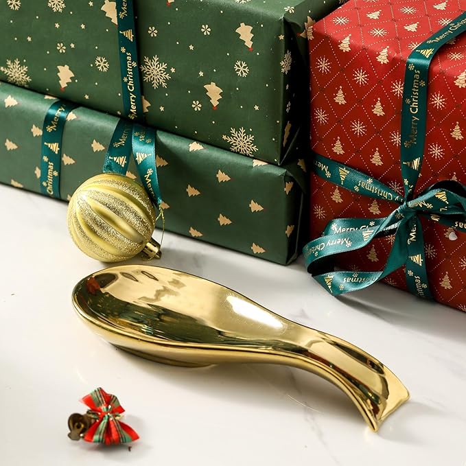 Ceramic Spoon Rest for Stove Top, Large 8.7 Inch Spoon Holder for Kitchen Counter, Porcelain Utensil Rest for Ladle, Spatula, Tongs, Housewarming Gift, Dishwasher Safe and Heat-Resistant, Gold(1 PC)