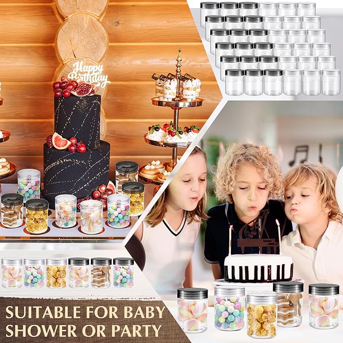 Sliner 60 Pcs 8 oz Plastic Jars with Lids Clear Round Leakproof Storage Containers Empty Refillable Plastic Mason Jars for Travel Storage Face Creams Kitchen Household Food Spice (Clear And Black)
