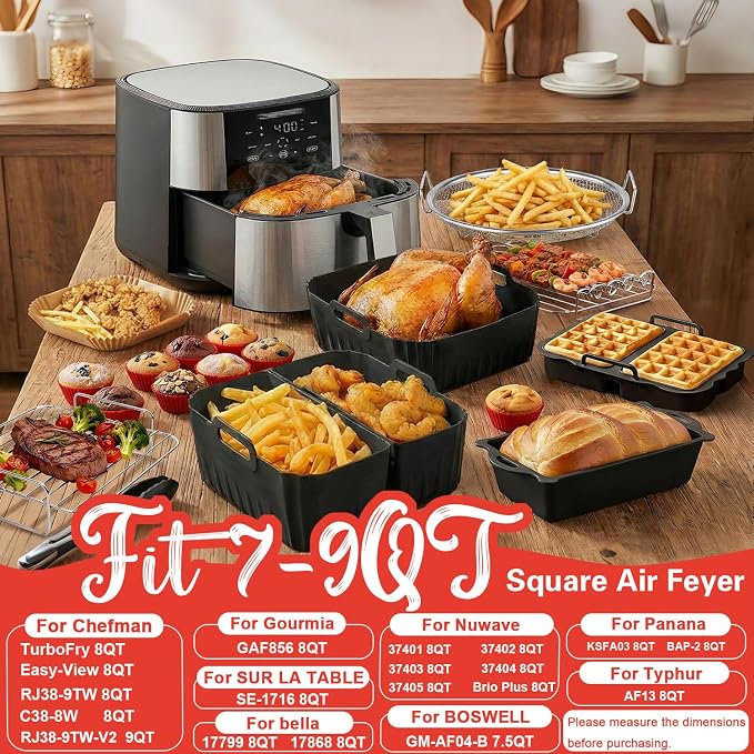 Air Fryer Accessories for Chefman 8Qt 9Qt, Gourmia, Typhur, Nuwave, 7-9Qt Air Fryer Silicone Liners Accessories Set 2-In-1 Silicone Liners, Paper Liners, Grill Racks Basket, Muffin Molds