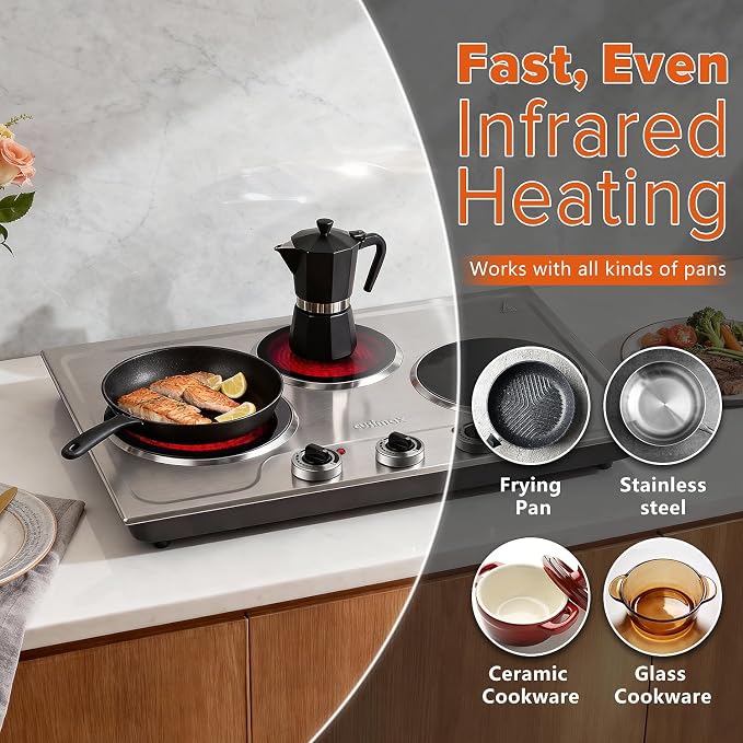 CUSIMAX Hot Plate,1800W Triple Infrared Burner, Independent Temperature Control,Electric Stove Can Simultaneously Cook Three Dishes,Compatible for All Cookware,Stainless Steel for Easy Cleaning