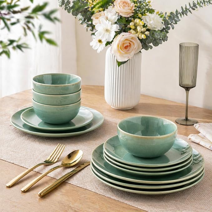 GBHOME Ceramic Dinnerware Sets for 6, 18 Pieces Stoneware Plates and Bowls Sets, Reactive Glaze Dishes -Scratch Resistant, Dishwasher&Microwave Safe-Malachite Green