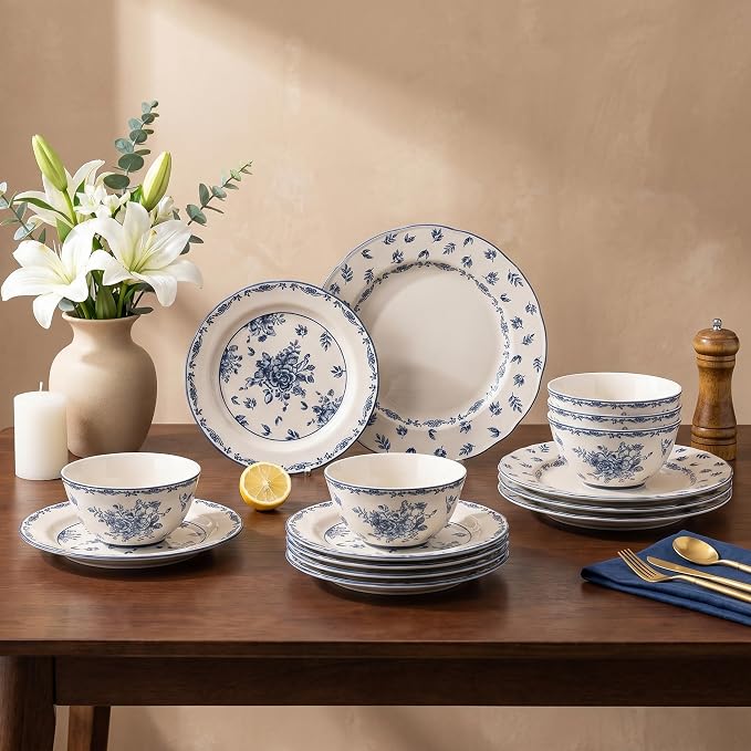 24-Piece Vintage Blue Floral Ceramic Dinnerware Set, Service for 8, Microwave & Oven Safe Plates and Bowls, Porcelain Dish Set for Parties & Hosting