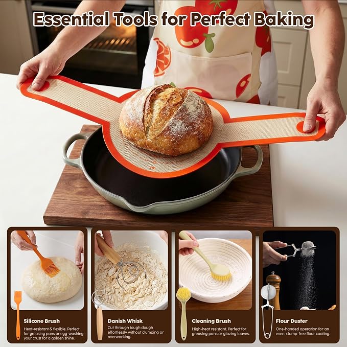 Sourdough Starter Kit for Beginners with 9" Round Banneton Proofing Basket, Bread Lame with 5 Blades, Danish Dough Whisk, Silicone Sling, Stencils & Baking Supplies for Homemade Sourdough Baking