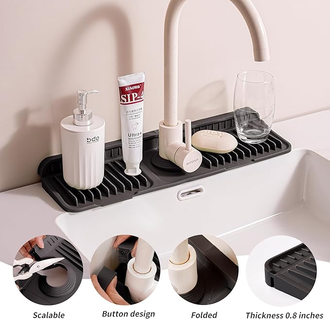 ZJWZLG Faucet Mat for Kitchen Sink (Black), 24"X5.5" Silicone Sink Splash Guard with Soap Holder, Snap-On Design & 7°slope Fast Drain, Folding Sink Faucet Mat for Universal sink matt for kitchen sink