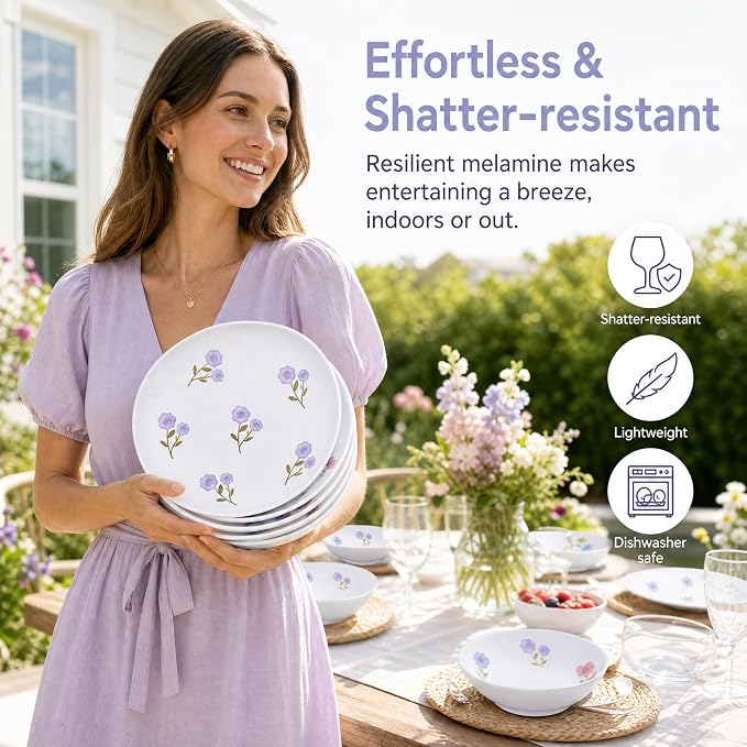 12Pcs Floral Melamine Plates and Bowls, Outdoor Camping Dinnerware | Service for 4, Round Dishes For Picnic, Party, RV, Unbreakable & Shatterproof & Lightweight, Dishwasher Safe