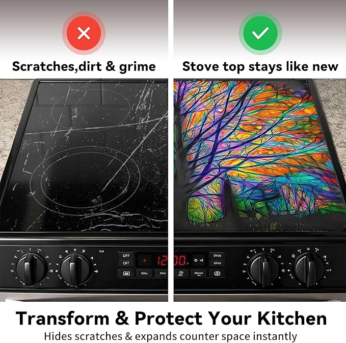 Decorative Stove Top Covers for Electric Stove 28"x20" – Heat Resistant Glass Cooktop Protector Dish Drying Mat – Non-Slip Rubber Backing Washer Top Cover Waterproof Extra Counter Space (Tree 1)