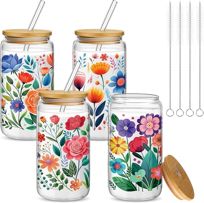 Mumufy 4 Pack Wildflower Glass Cups Gift Aesthetic Cute Glass Cup Tumbler Flower Iced Coffee Mugs 16 oz with Bamboo Lid & Straw, for Wedding Birthday Bridesmaid Mom Baby Shower