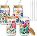 Mumufy 4 Pack Wildflower Glass Cups Gift Aesthetic Cute Glass Cup Tumbler Flower Iced Coffee Mugs 16 oz with Bamboo Lid & Straw, for Wedding Birthday Bridesmaid Mom Baby Shower