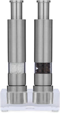Grind Gourmet Salt and Pepper Grinder Set, Original Pump & Grind Peppermill are Refillable, Modern Thumb Press Grinder, Works With Black Pepper, Sea Salt, Himalayan Salts, Stand Included