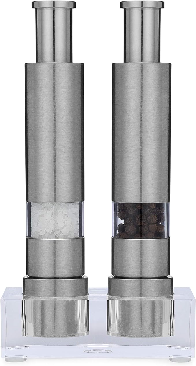 Grind Gourmet Salt and Pepper Grinder Set, Original Pump & Grind Peppermill are Refillable, Modern Thumb Press Grinder, Works With Black Pepper, Sea Salt, Himalayan Salts, Stand Included