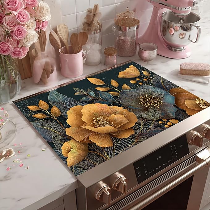 Luxury Floral Stove Top Covers for Electric Stove, 28.3 × 20.5 Inch Heat Resistant Cover, Gold and Navy Botanical Design, Decorative Electric Stove Cover Protector(flowers)