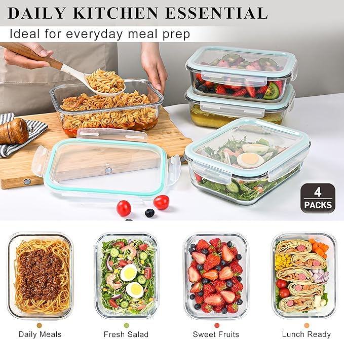 LOVYANXUE 4 Pack 52oz Large Glass Food Storage Containers with Lids, Meal Prep Containers with Airtight Lid for Storing, Baking, Serving, BPA-Free, Freezer, Microwave, Oven & Dishwasher Safe
