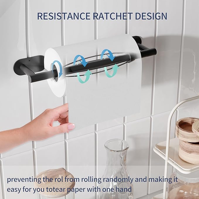 Paper Towel Holder Under Cabinet, Single Hand Operable Roll Holder with Damping Effect,Self-Adhesive or Drilled SUS304 Stainless Steel for Kitchen Bathroom,Matte Black