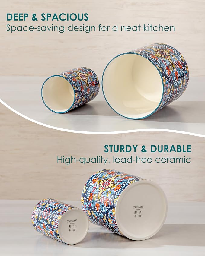 vancasso SIMI Utensil Holder, 7.3"+5.5" Porcelain Kitchen Utensil Holder for Countertop, Bohemian Kitchen Utensil Organizer for Spatulas, Spoons, Decorative Counter Utensil Crock, Twilight Bloom