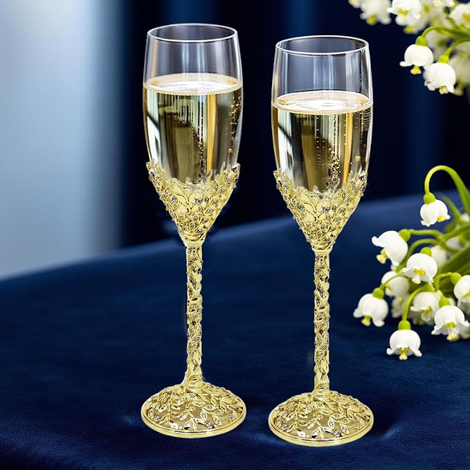 Gold Champagne Flutes -His and Hers,Wedding Toasting Glasses for Wedding,Engagement Celebrations, Bridal Shower and Registry Idea,Wine Glasses for Bride and Groom Gifts,7oz (Light Glod)