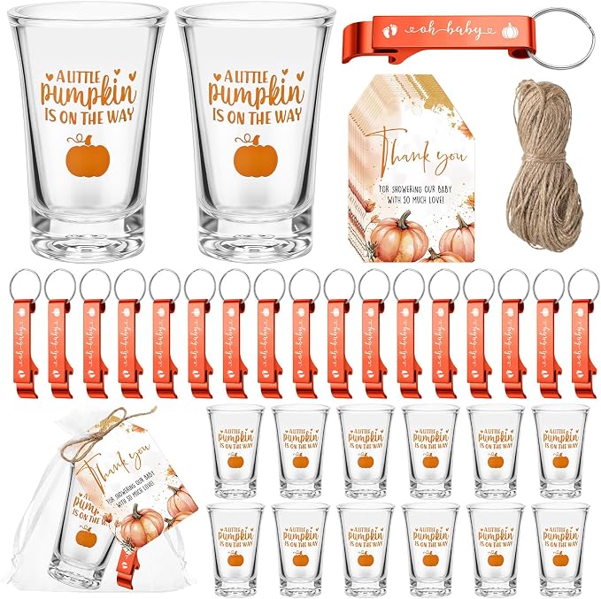 50 Sets Baby Shower Favor for Guests Acrylic Shot Glasses with Bottle Opener Keychains Thank You Tags and Bags Gender Reveal Party Favors for Guest Baby Shower Return Gift (Pumpkin)